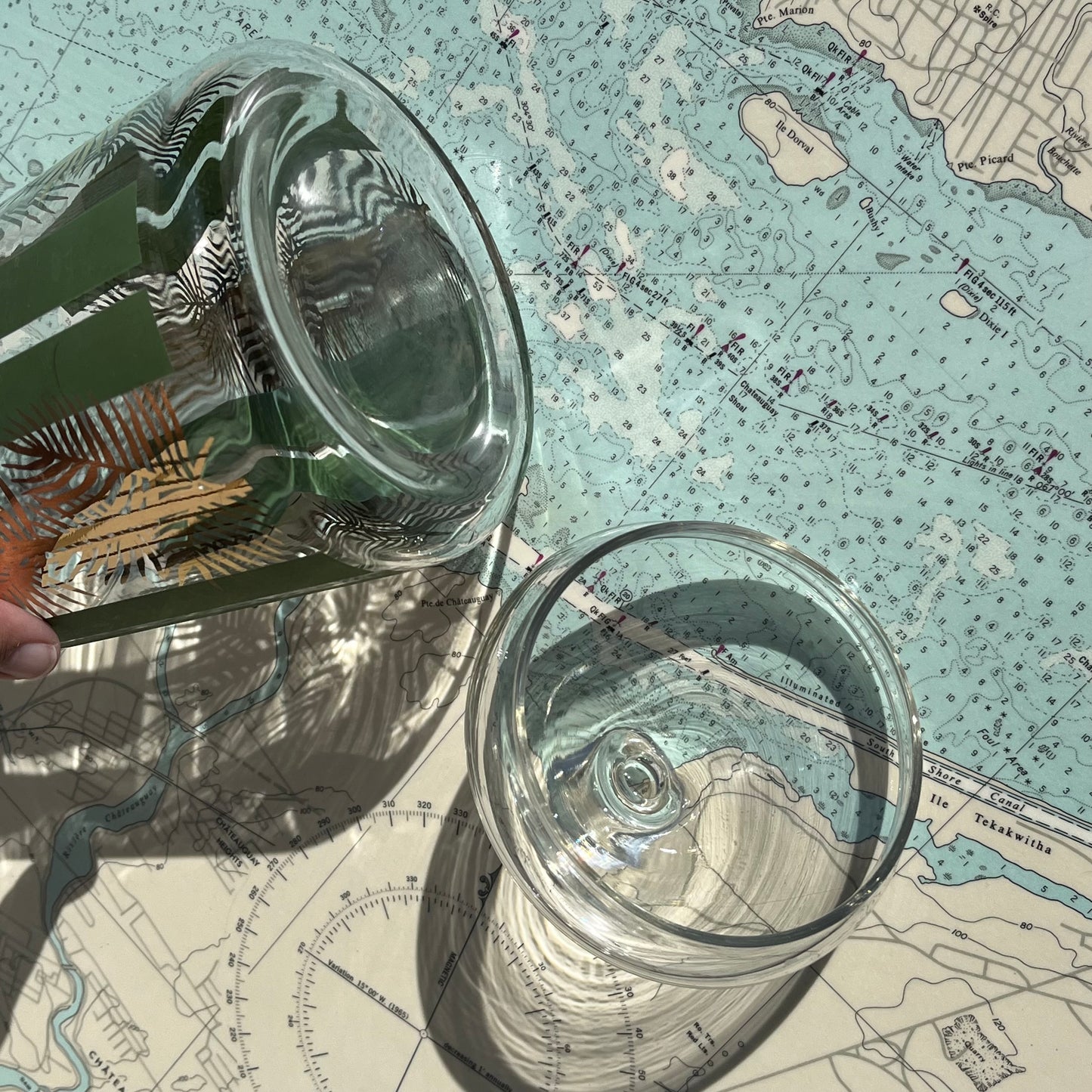 Vintage Glass Canister with Gold Pine and Green Stripes