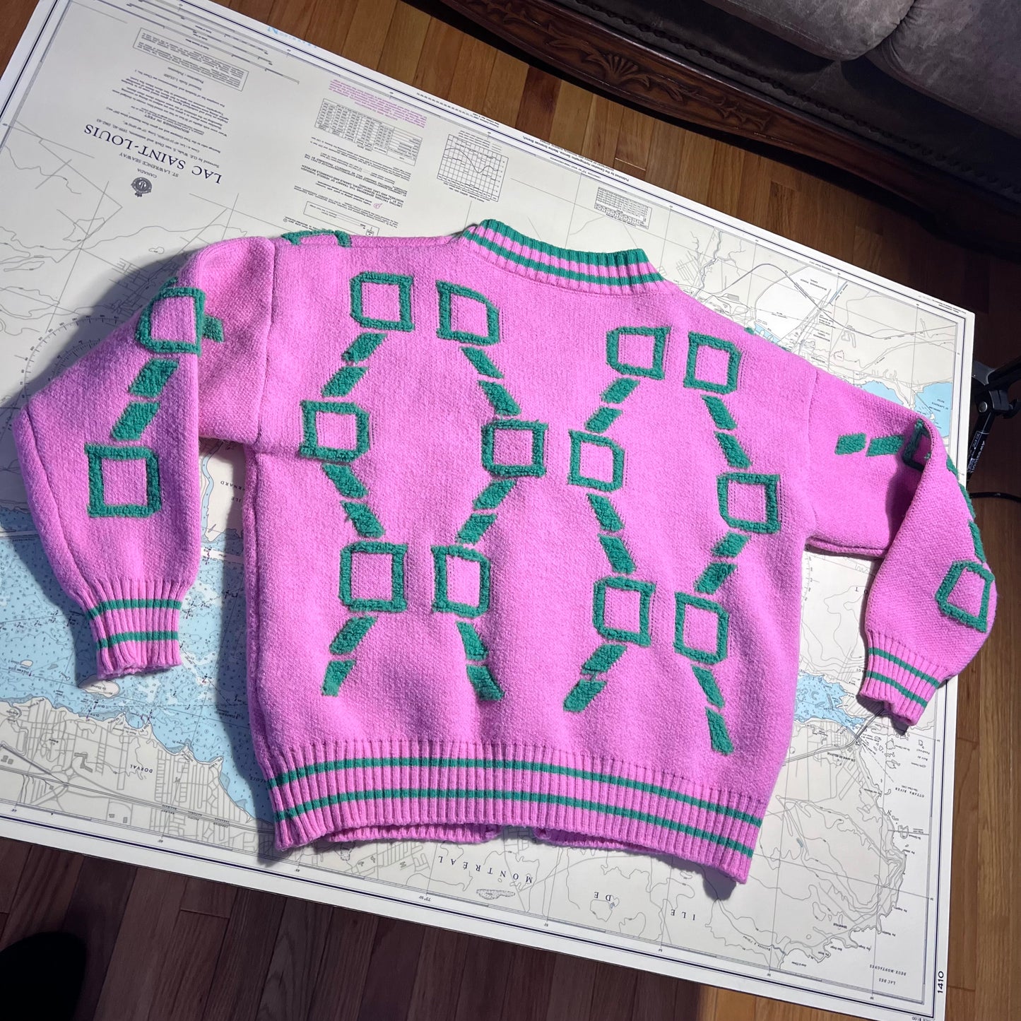 Vintage Pink and Green Geo Knit Cardigan Sweater