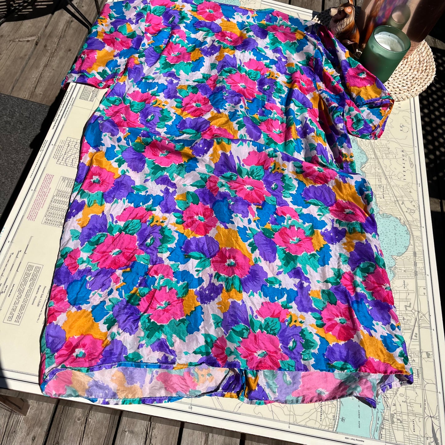 Vintage Silk Floral Button Up T Shirt Dress