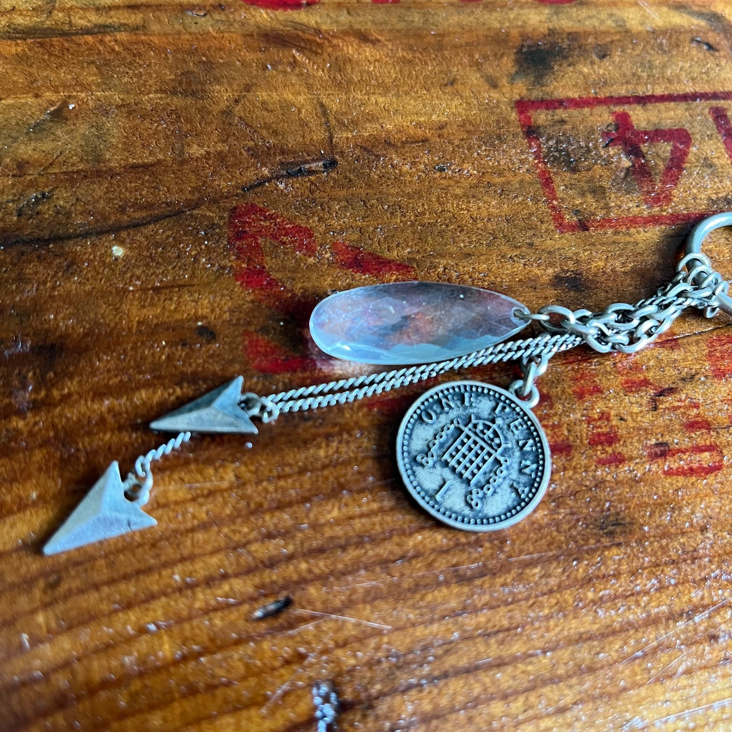 Antique Silver Crystal Penny Charm Necklace