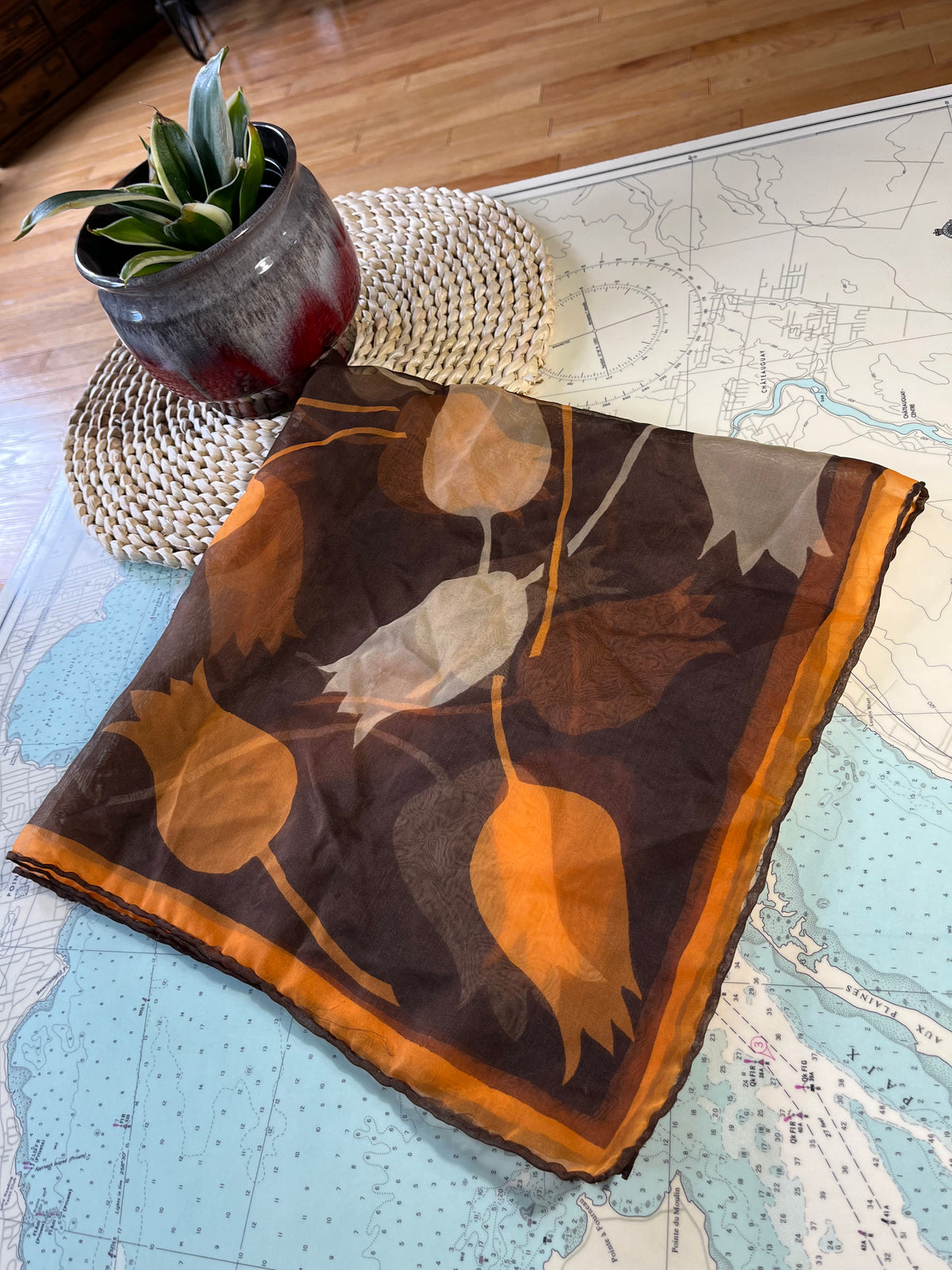 Vintage Tulip Pattern Brown and Orange Sheer Scarf