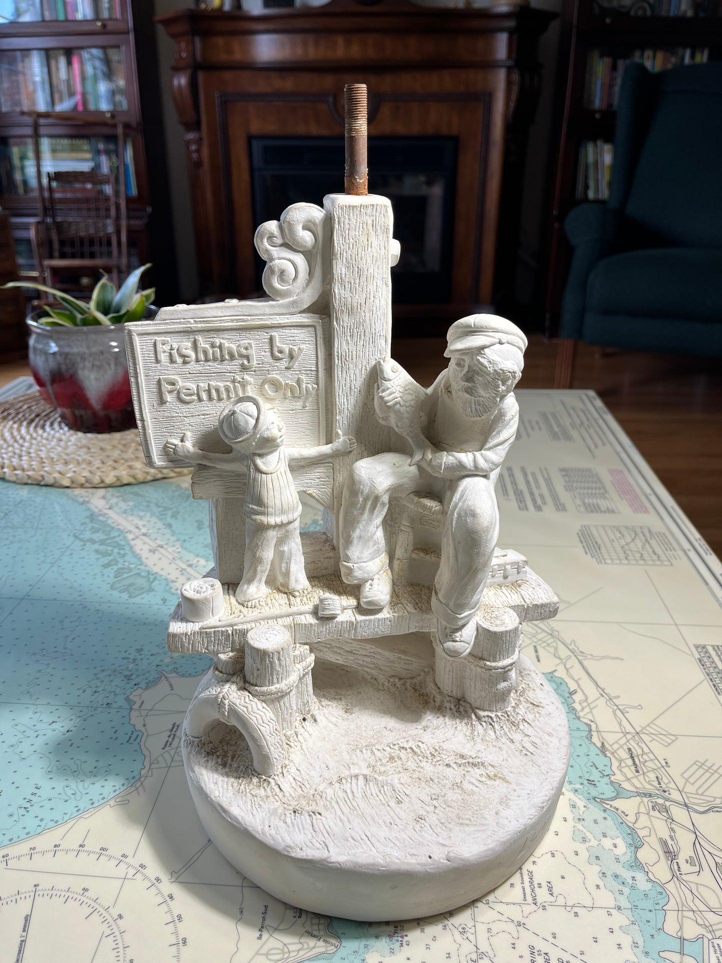 Vintage 70s Chalkware Fishing Lamp Base Blank