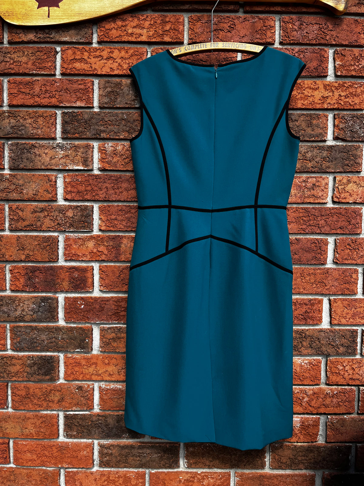 Ellen Tracy Teal and Black Geometrical Midi Sheath Dress