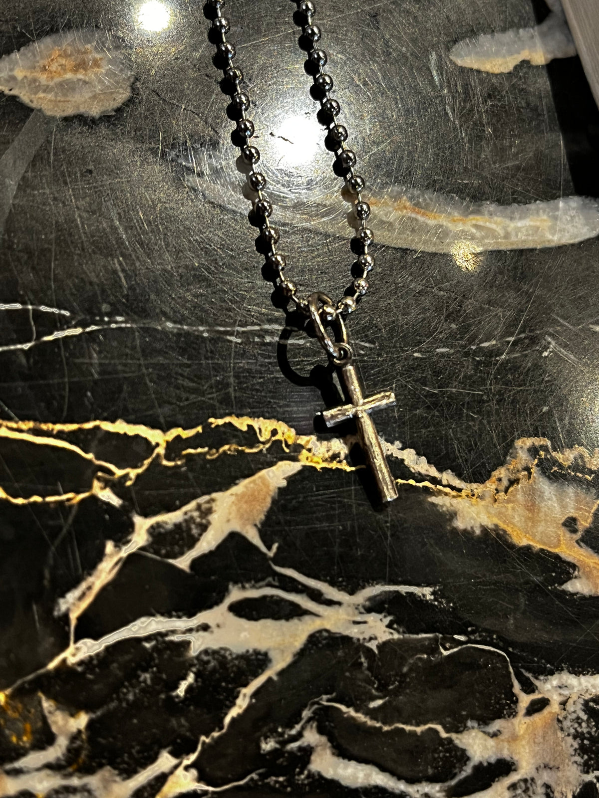Vintage Dainty Gunmetal Cross with Ball Bead Chain Necklace