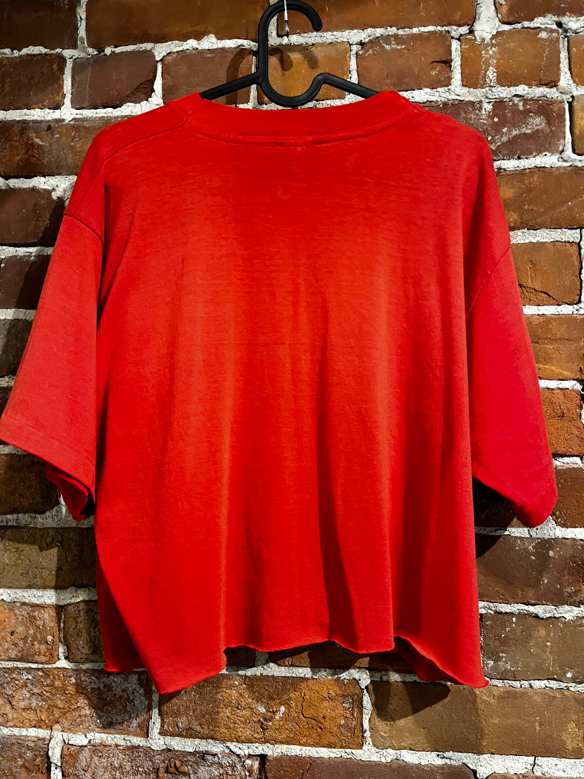 Vintage Plain Red Cropped Single Stitch Tee with Pocket