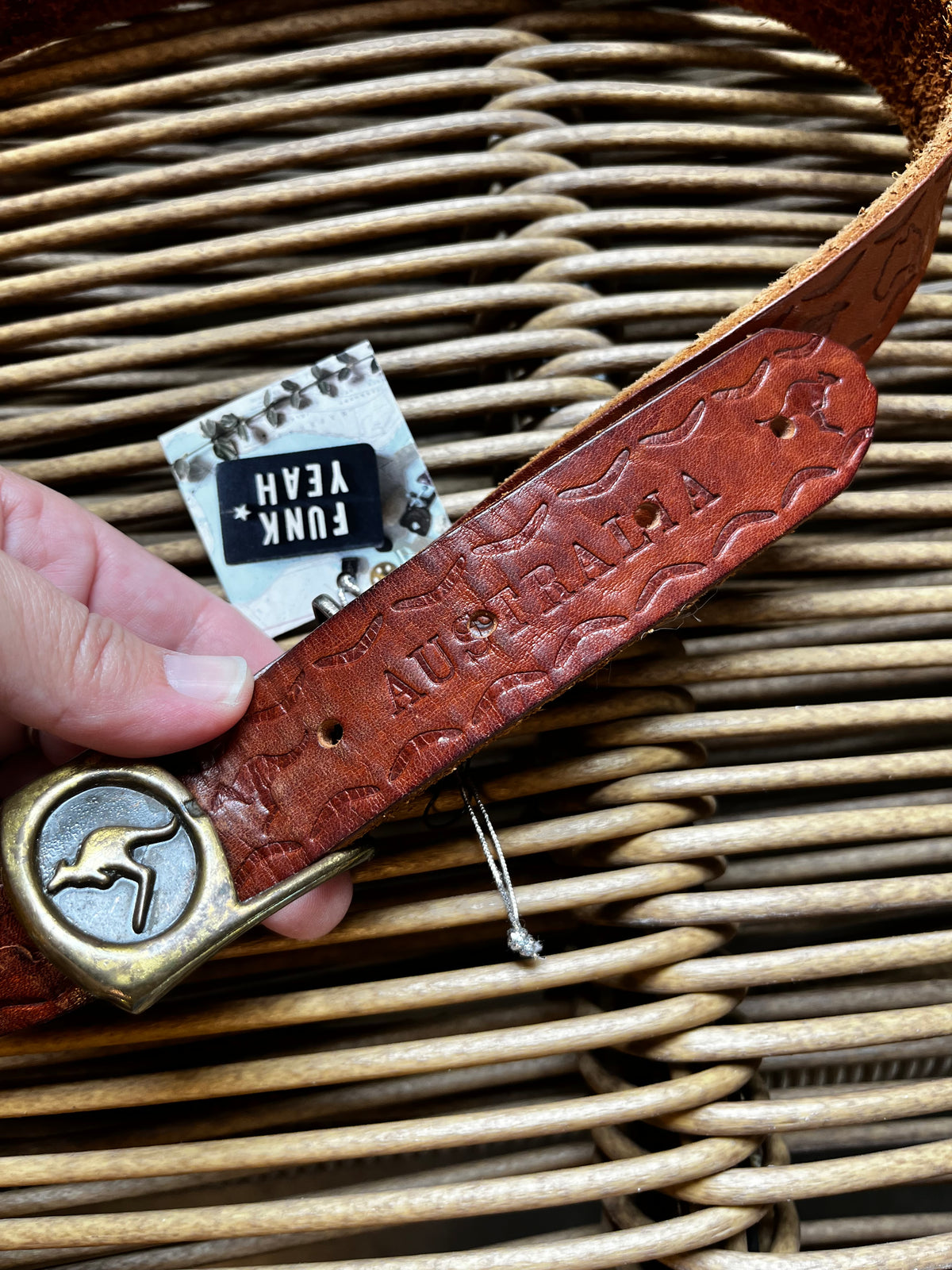 Vintage Brass Tooled Leather Australia Belt with Kangaroo Buckle