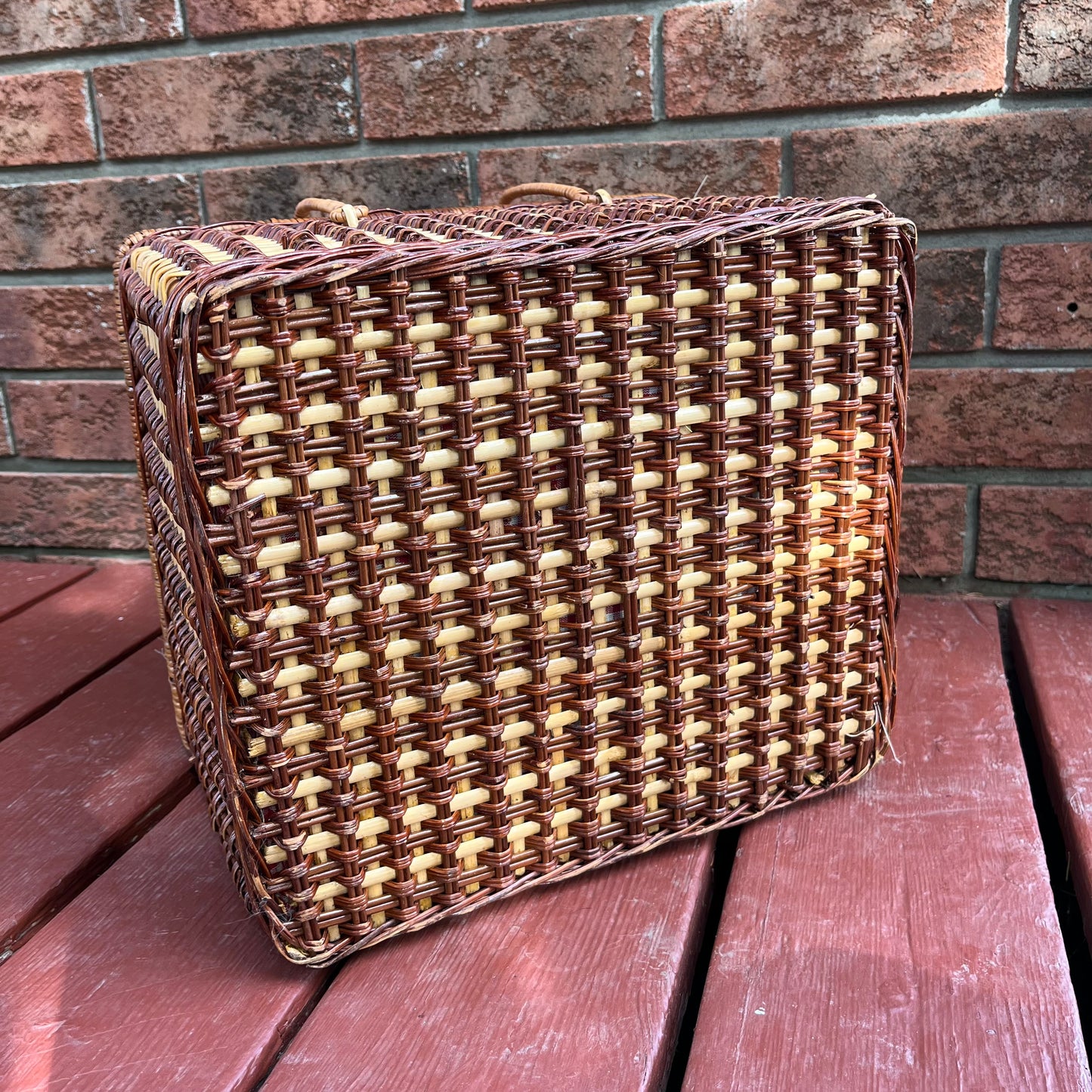 Vintage Large Square Wicker Picnic Basket with Gingham Fabric Lining