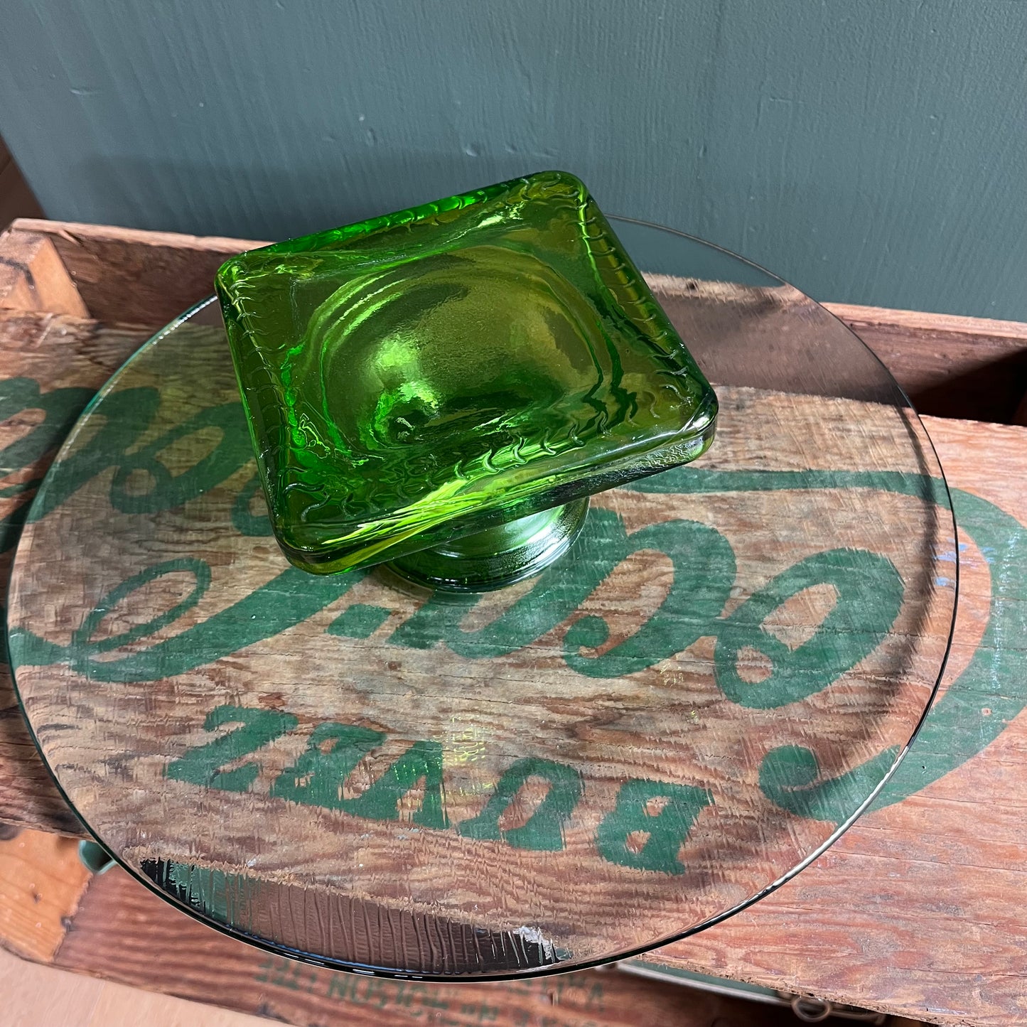 Vintage Green and Clear Glass Cake Stand