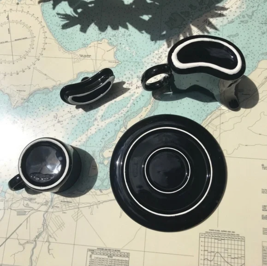 Vintage Curved Black Mod Single Serve Tea Pot / Cup / Saucer Combo Set