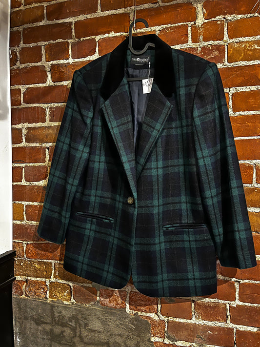 Vintage Sag Harbor Green Plaid Velvet Collar Blazer