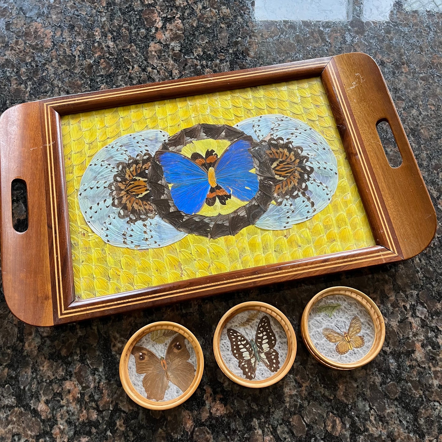 Vintage 40s Brazillian Butterfly Inlay Tray with Bamboo Coasters