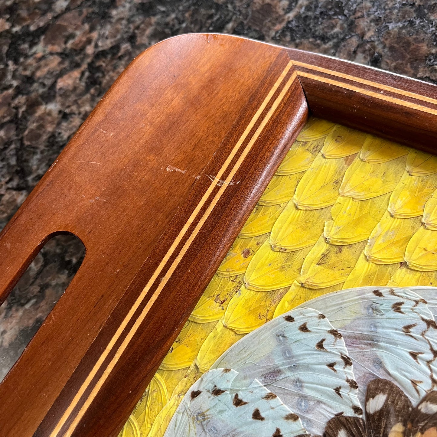 Vintage 40s Brazillian Butterfly Inlay Tray with Bamboo Coasters