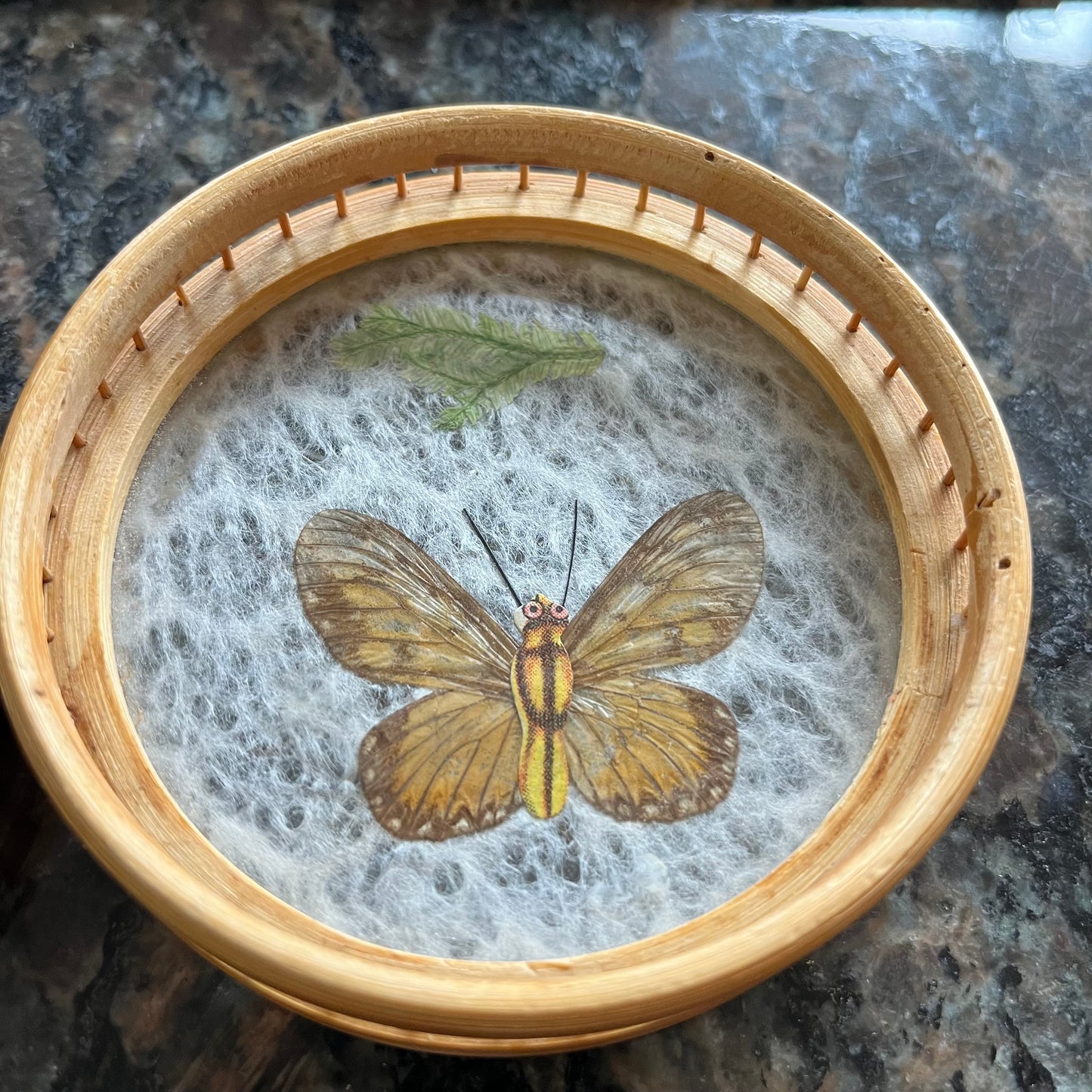 Vintage 40s Brazillian Butterfly Inlay Tray with Bamboo Coasters