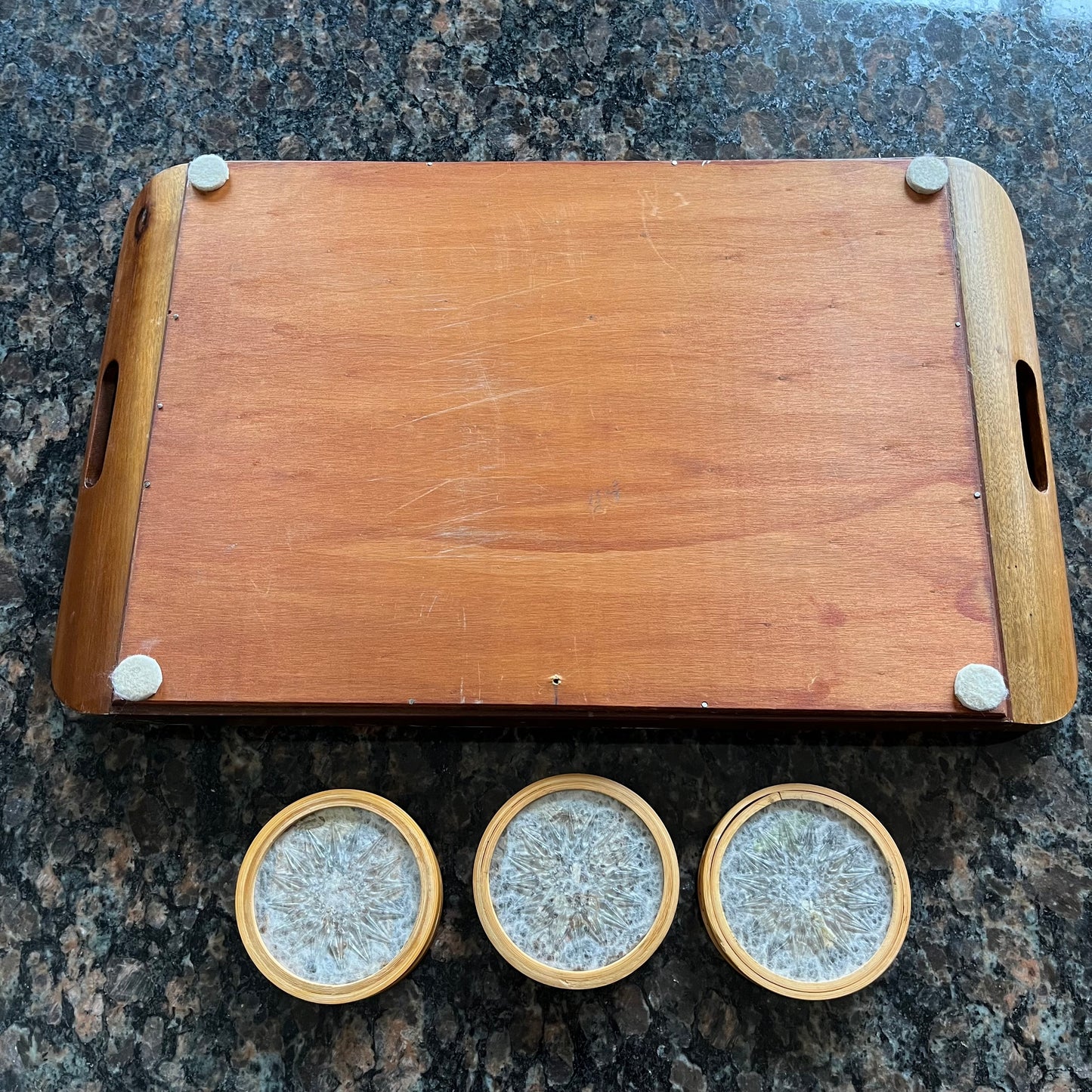 Vintage 40s Brazillian Butterfly Inlay Tray with Bamboo Coasters