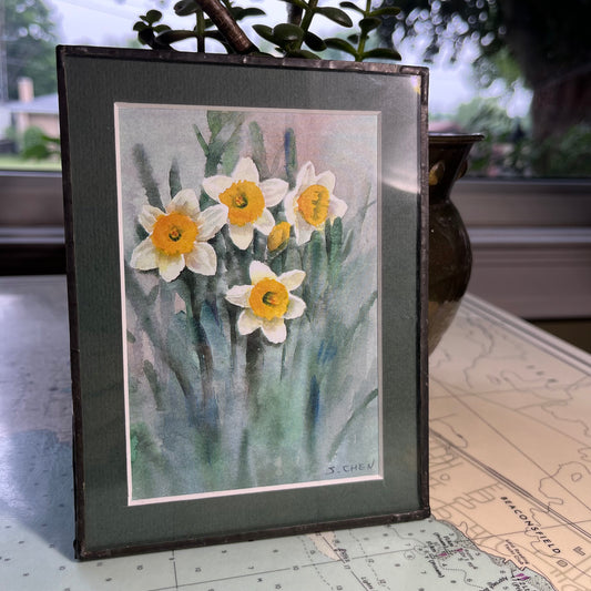 Small Daffodil Watercolour with Leaded Glass Frame by J.Chen