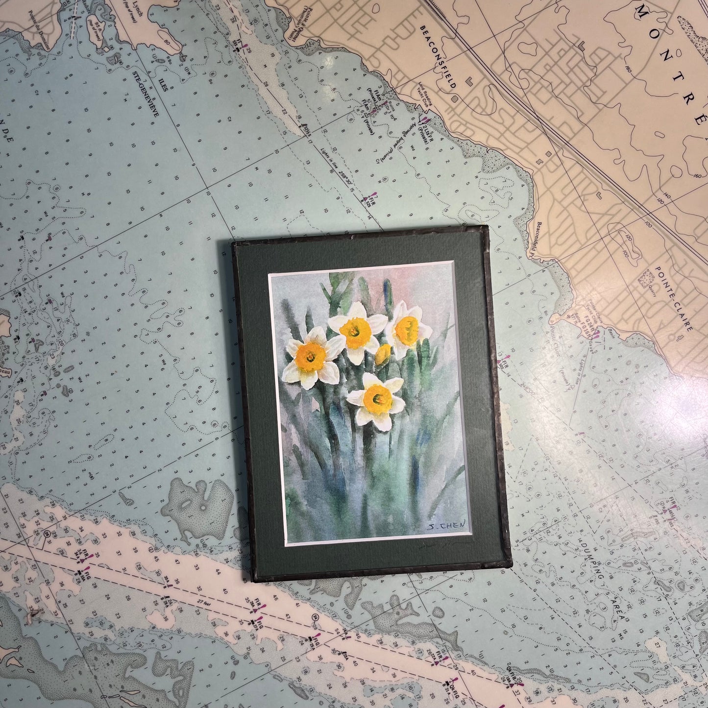 Small Daffodil Watercolour with Leaded Glass Frame by J.Chen