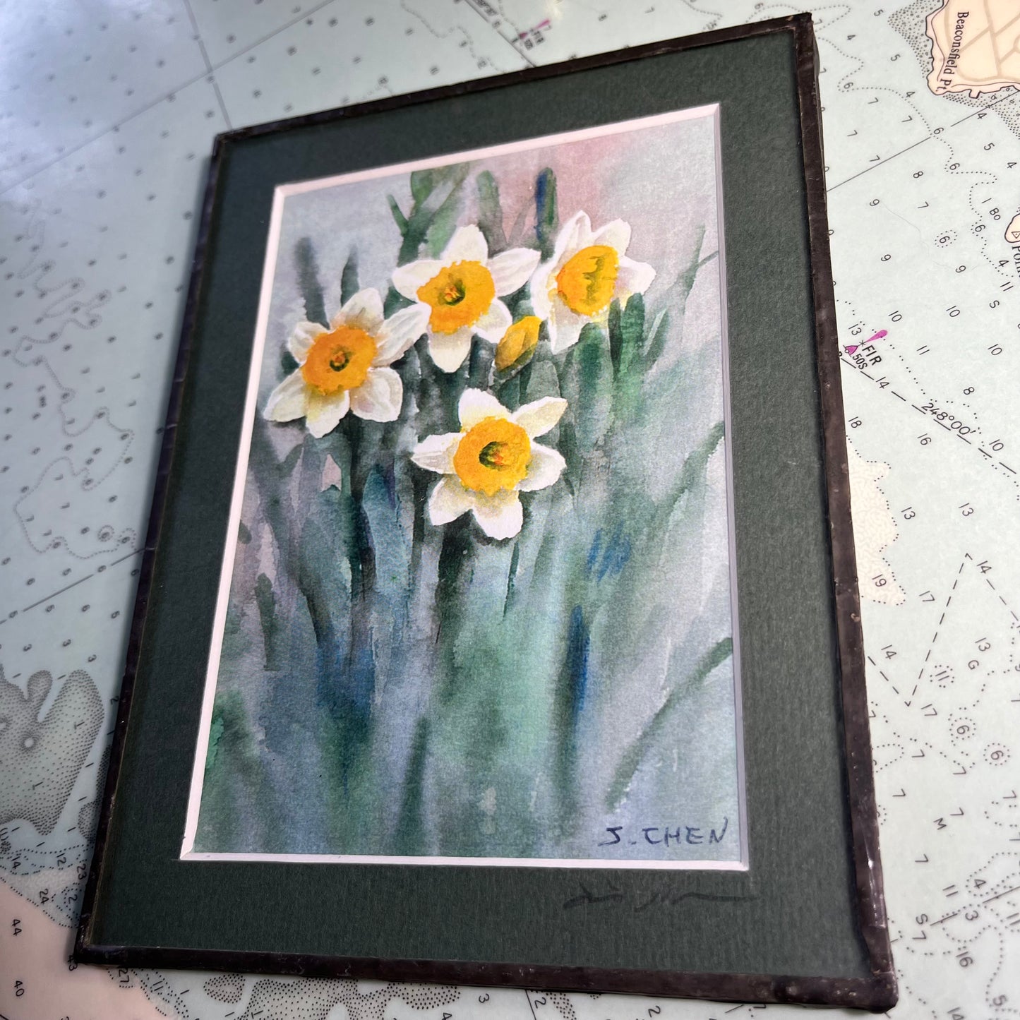 Small Daffodil Watercolour with Leaded Glass Frame by J.Chen