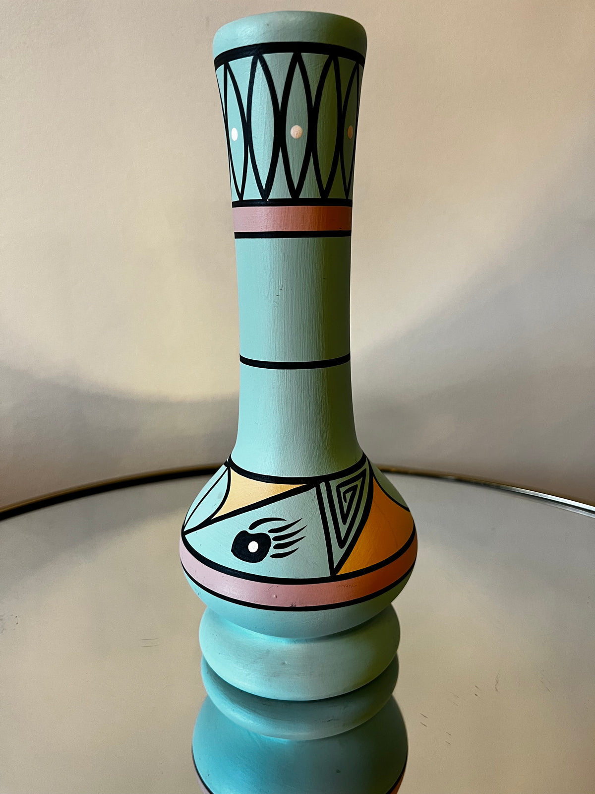 Vintage Aztec Teal Bear Paw Hand Signed Vase