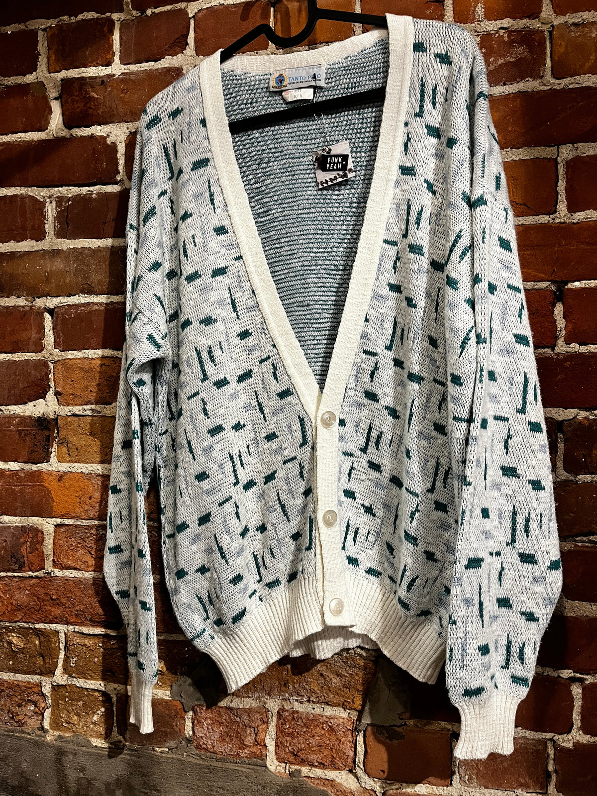 Vintage 80s / 90s Tanto Pelo Teal and White Pattern Cardigan
