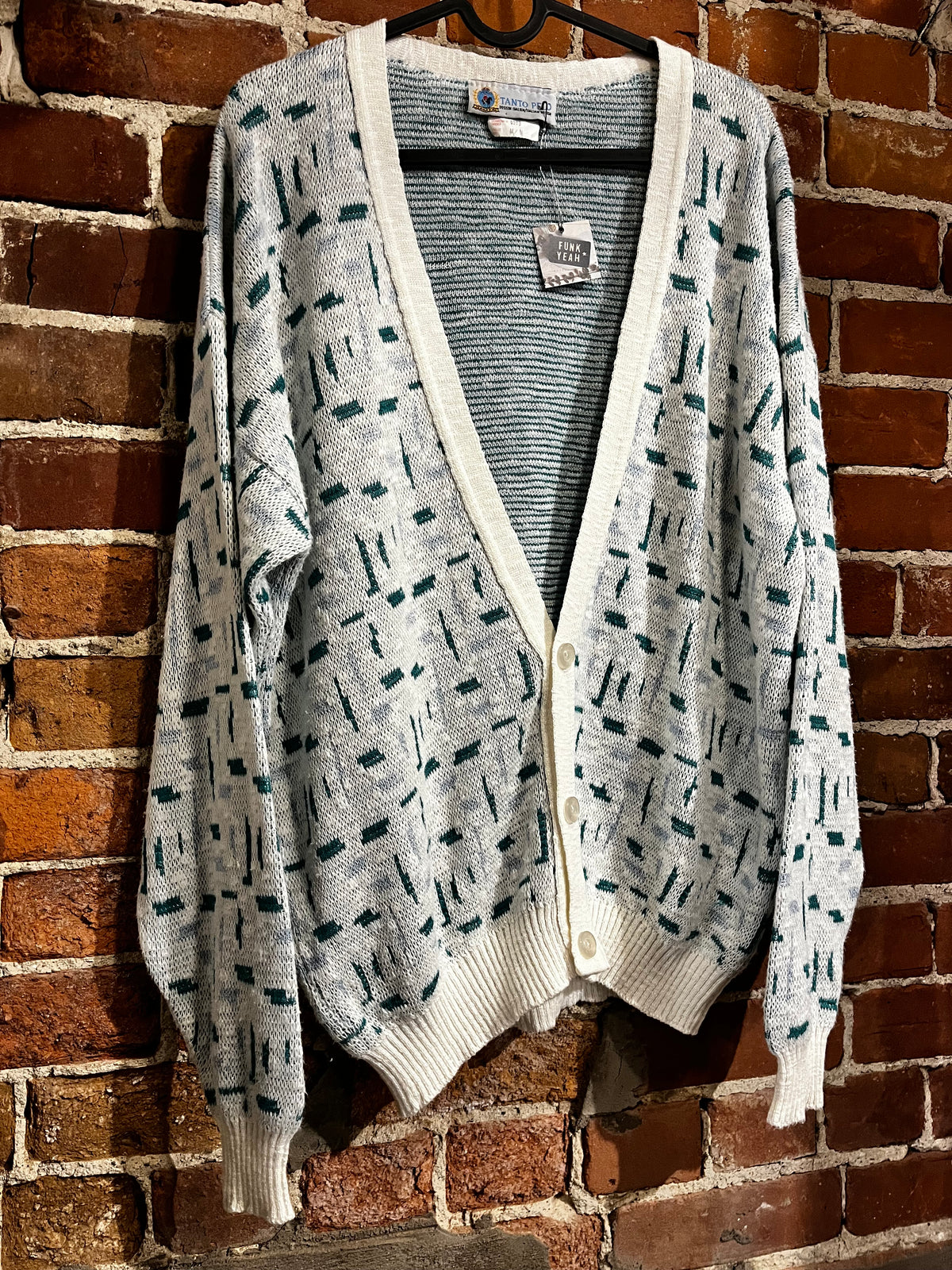 Vintage 80s / 90s Tanto Pelo Teal and White Pattern Cardigan