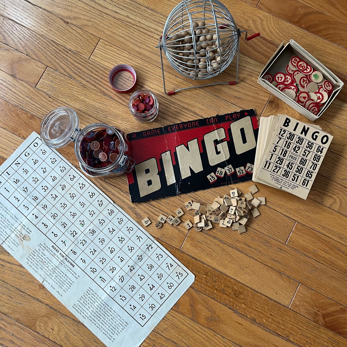 Vintage 50s Bingo Game Lot with Metal Basket Spinner