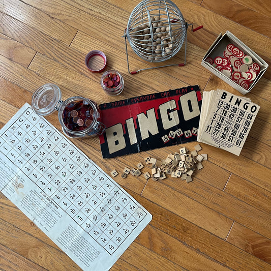 Vintage 50s Bingo Game Lot with Metal Basket Spinner