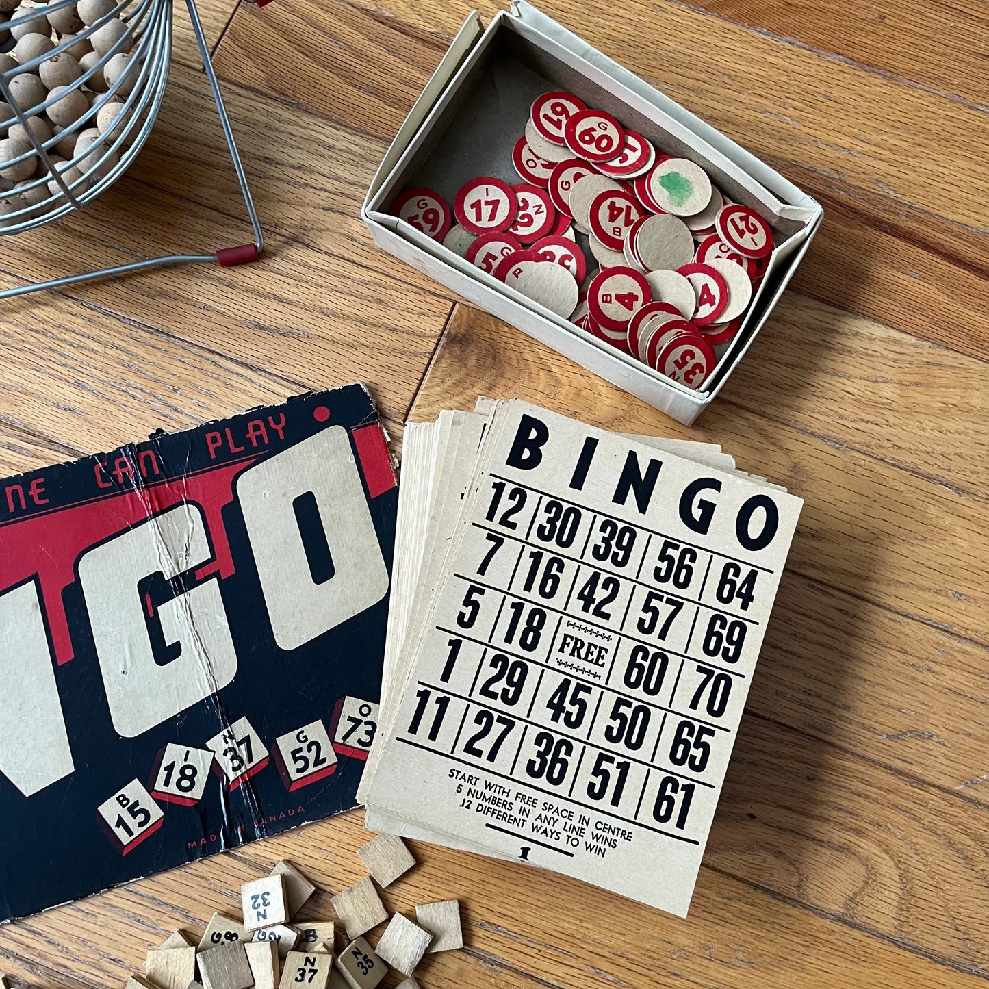 Vintage 50s Bingo Game Lot with Metal Basket Spinner