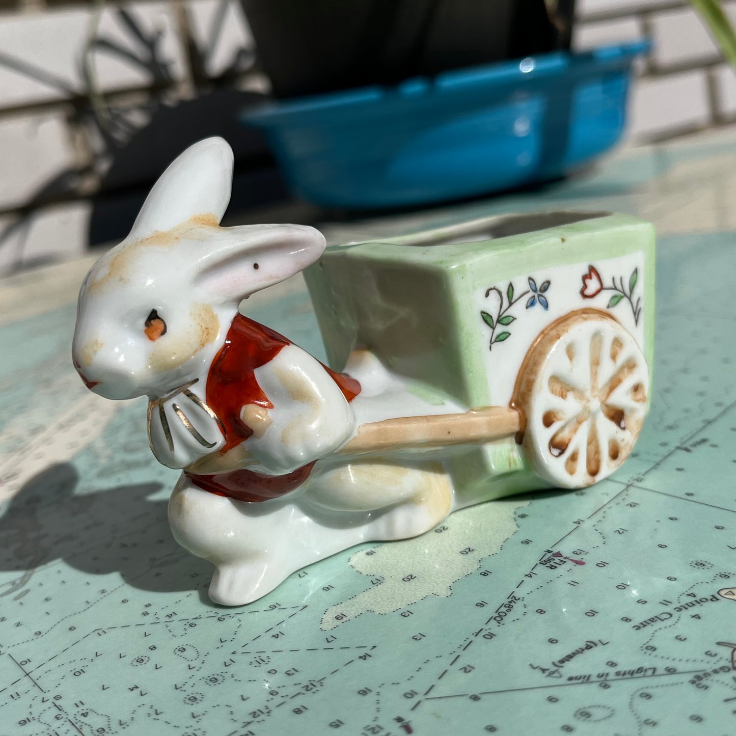 Vintage 50s Rabbit Pulling Cart Planter / Holder Made in Japan