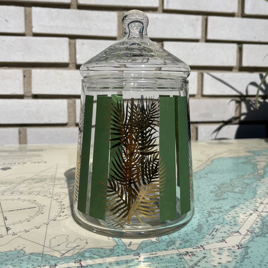 Vintage Glass Canister with Gold Pine and Green Stripes