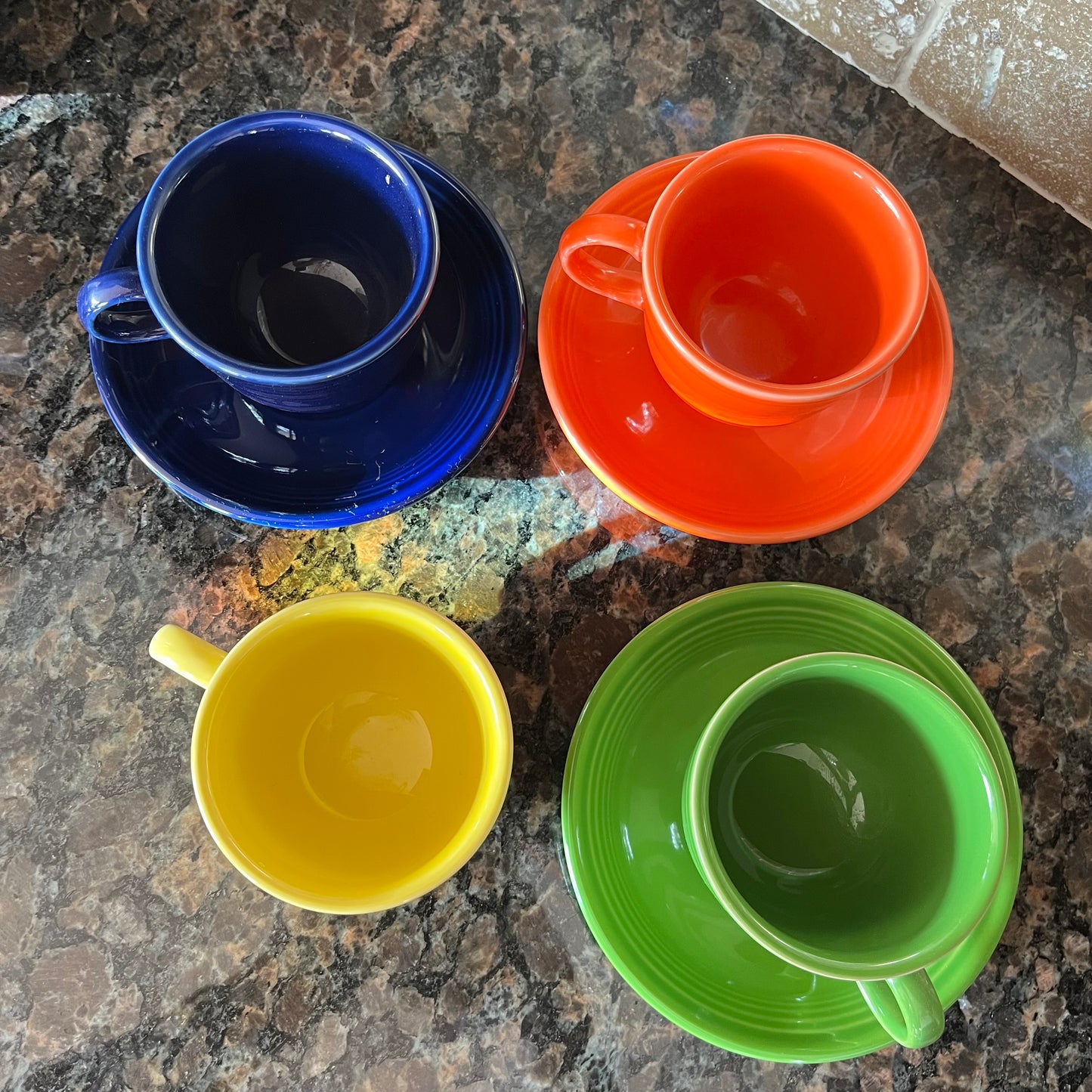 Homer Laughlin Multi Colour Tea Cup and Saucer Set x 7