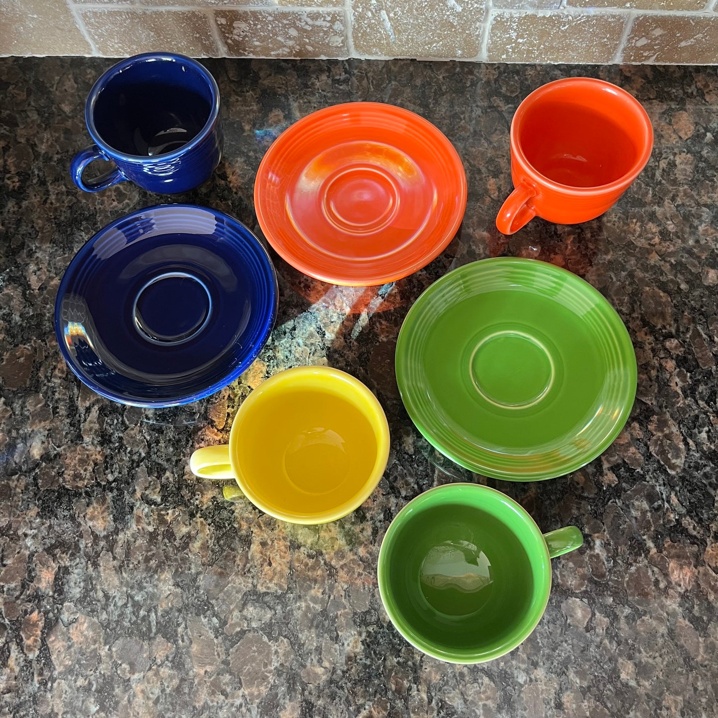 Homer Laughlin Multi Colour Tea Cup and Saucer Set x 7