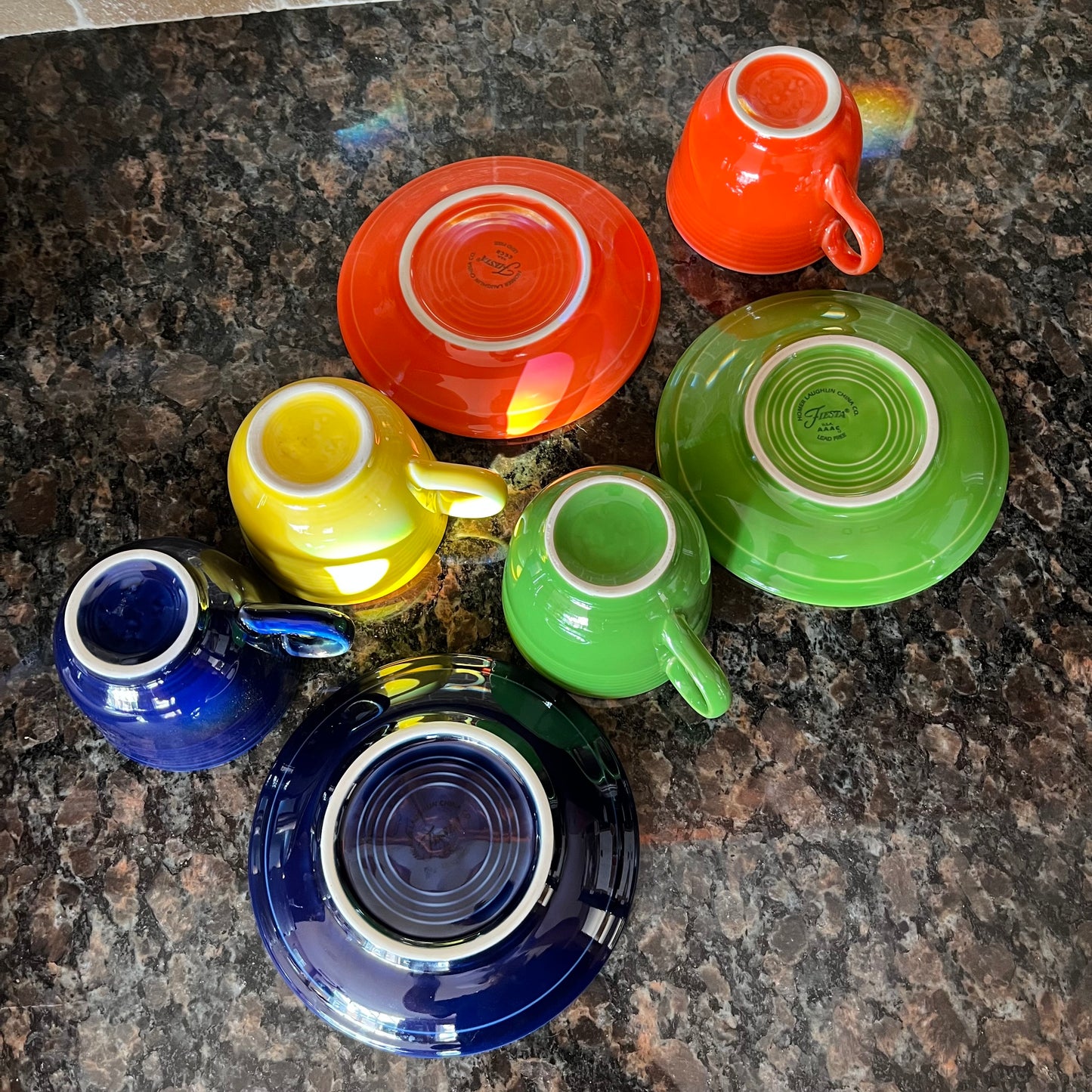 Homer Laughlin Multi Colour Tea Cup and Saucer Set x 7