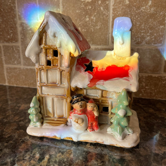 Vintage Ceramic Snowman House Tealight Holder with Stars