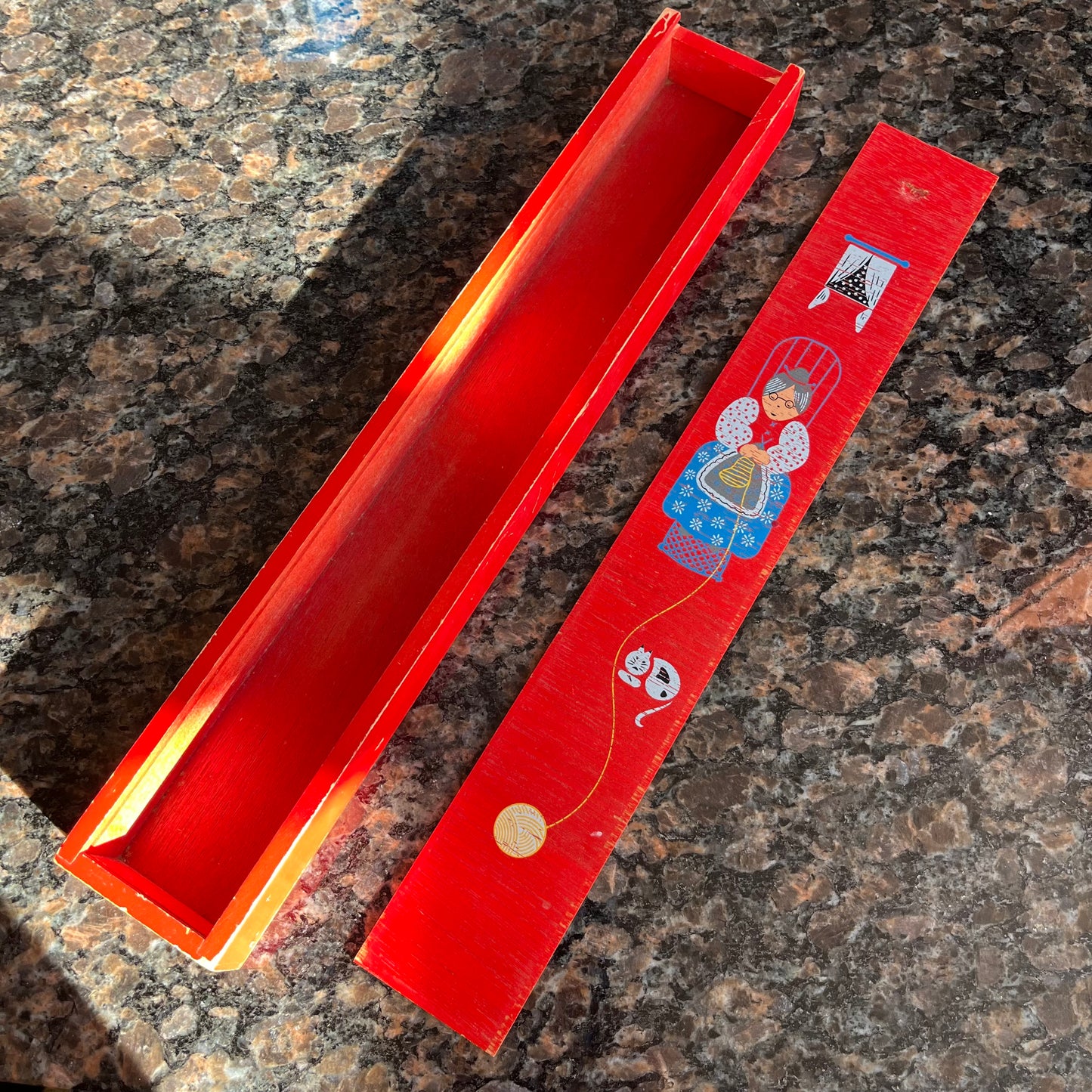 Vintage Hand Painted Knitting Needle Box with Granny and Kitty