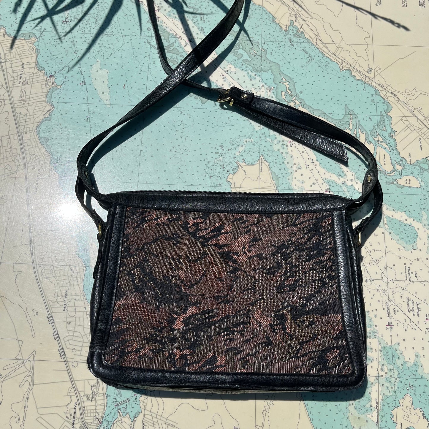 Vintage 90s Black Leather and Tapestry Purse