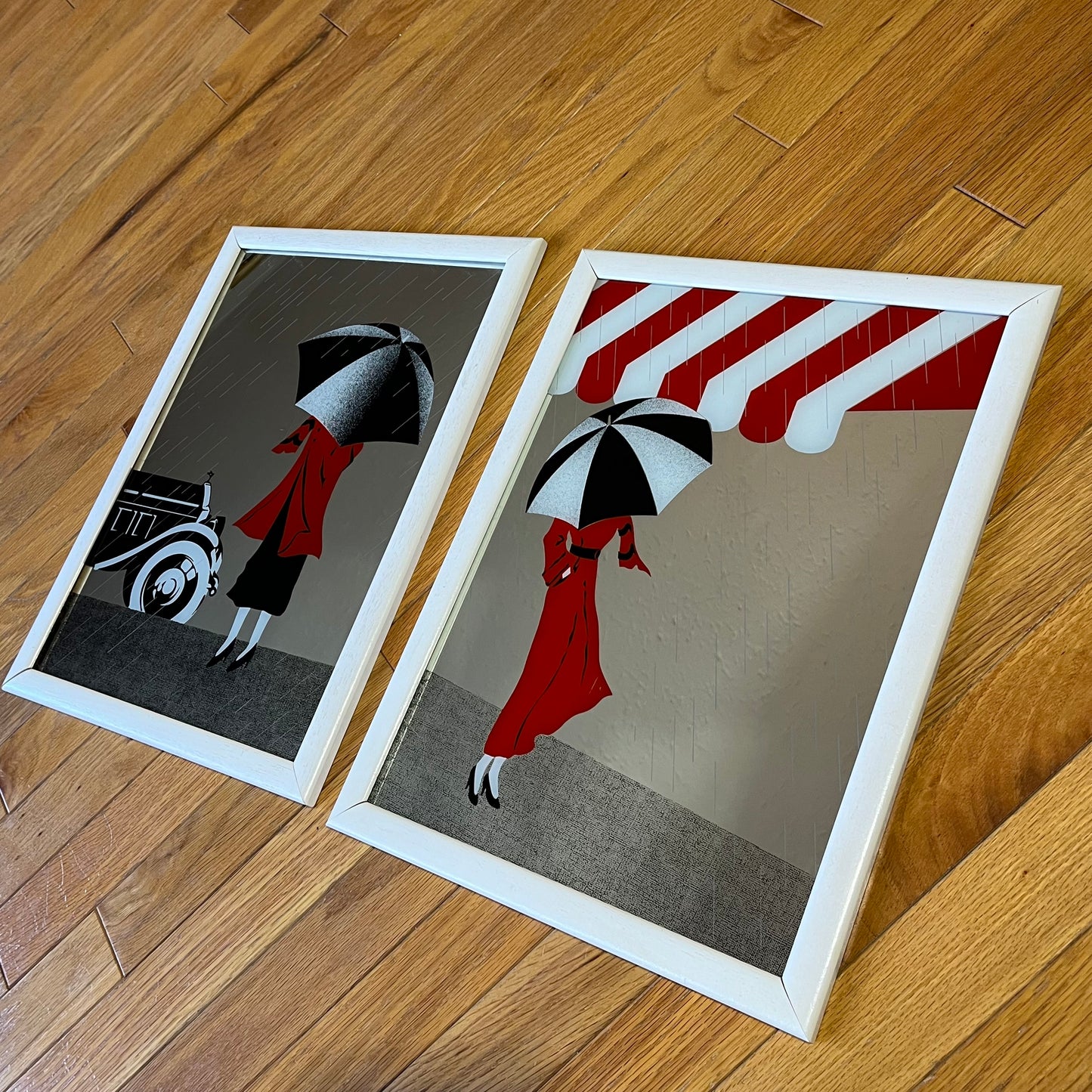 Vintage 80s 'Drops' by Key Deco Street Scene Framed Mirror Pair