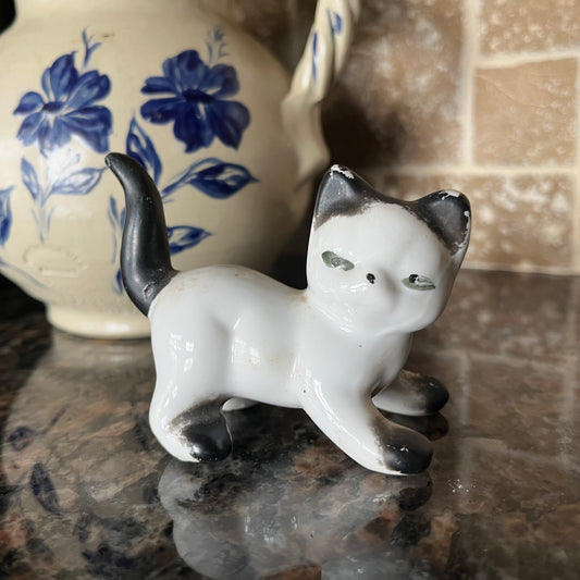 Vintage Small Porcelain Black and White Cat Figurine