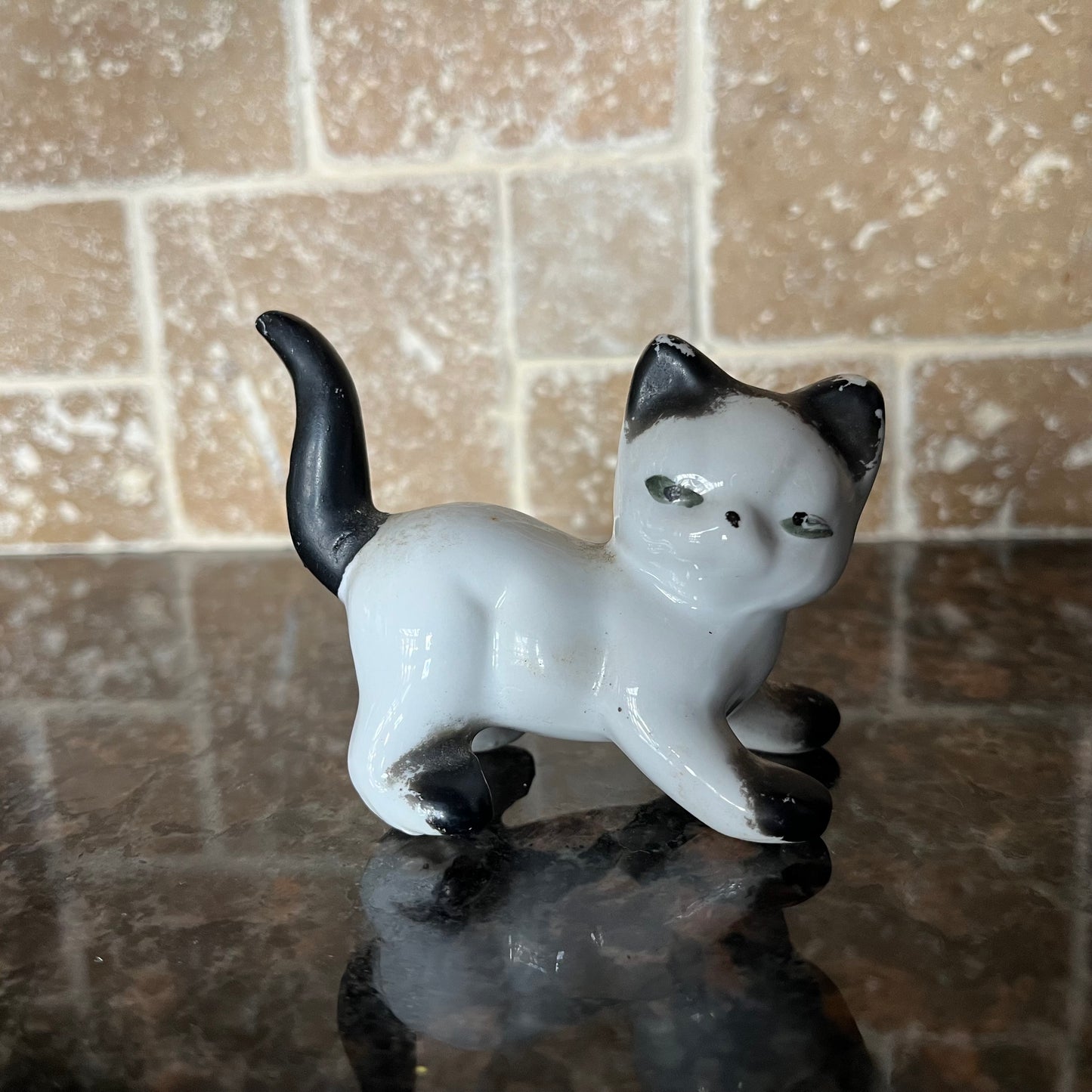Vintage Small Porcelain Black and White Cat Figurine