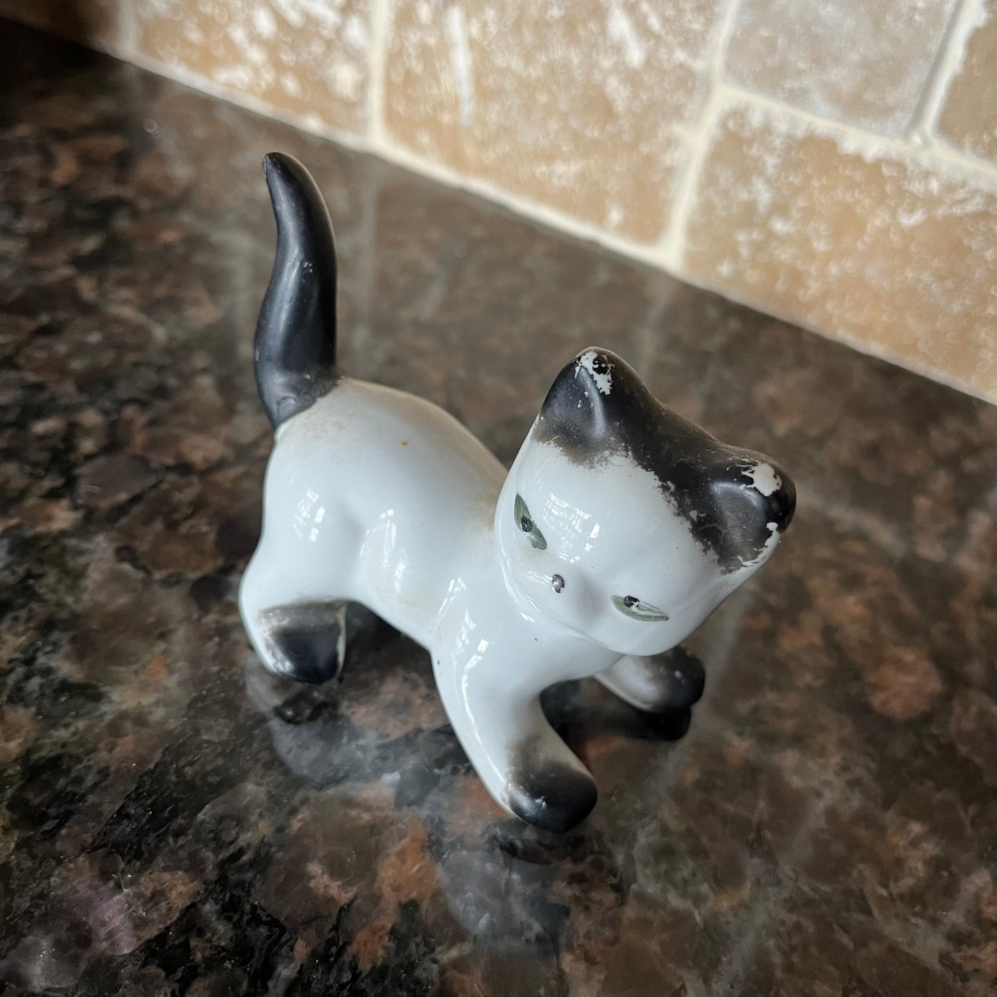 Vintage Small Porcelain Black and White Cat Figurine
