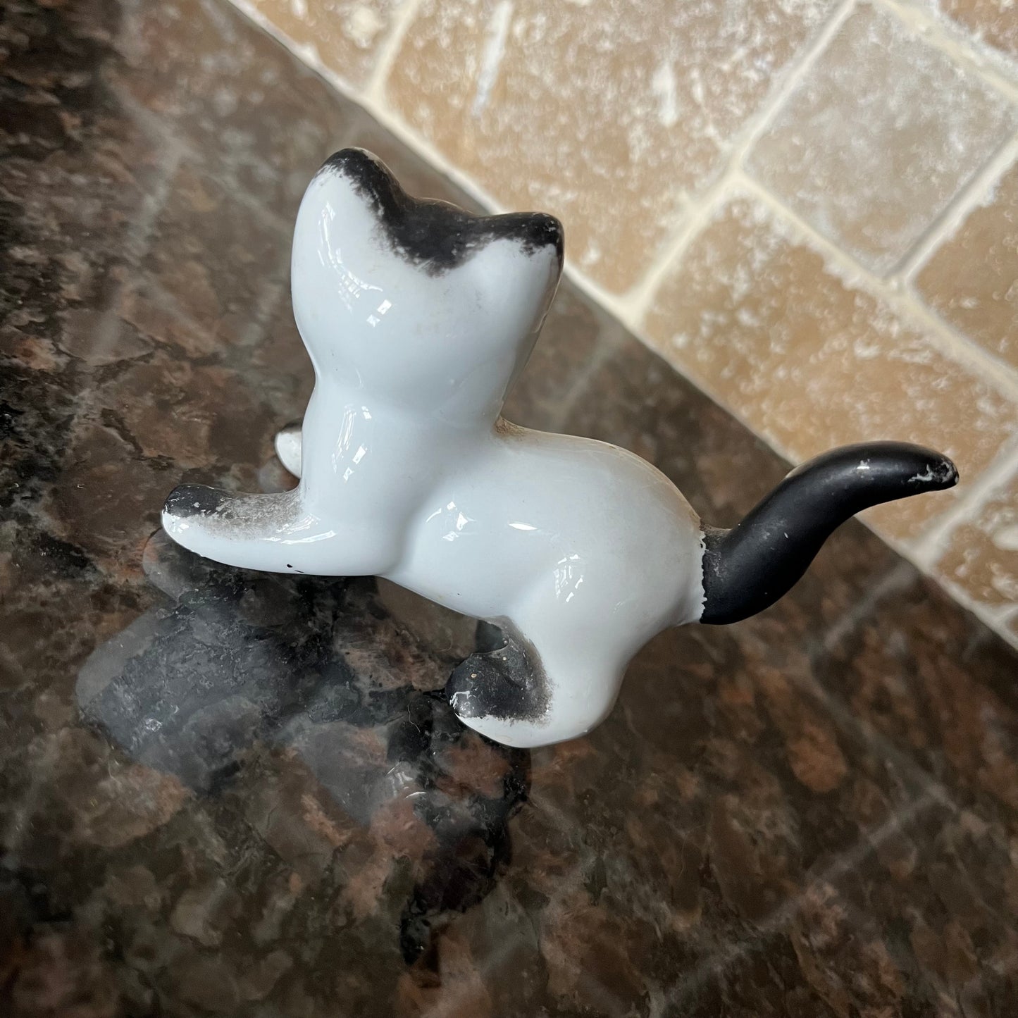 Vintage Small Porcelain Black and White Cat Figurine