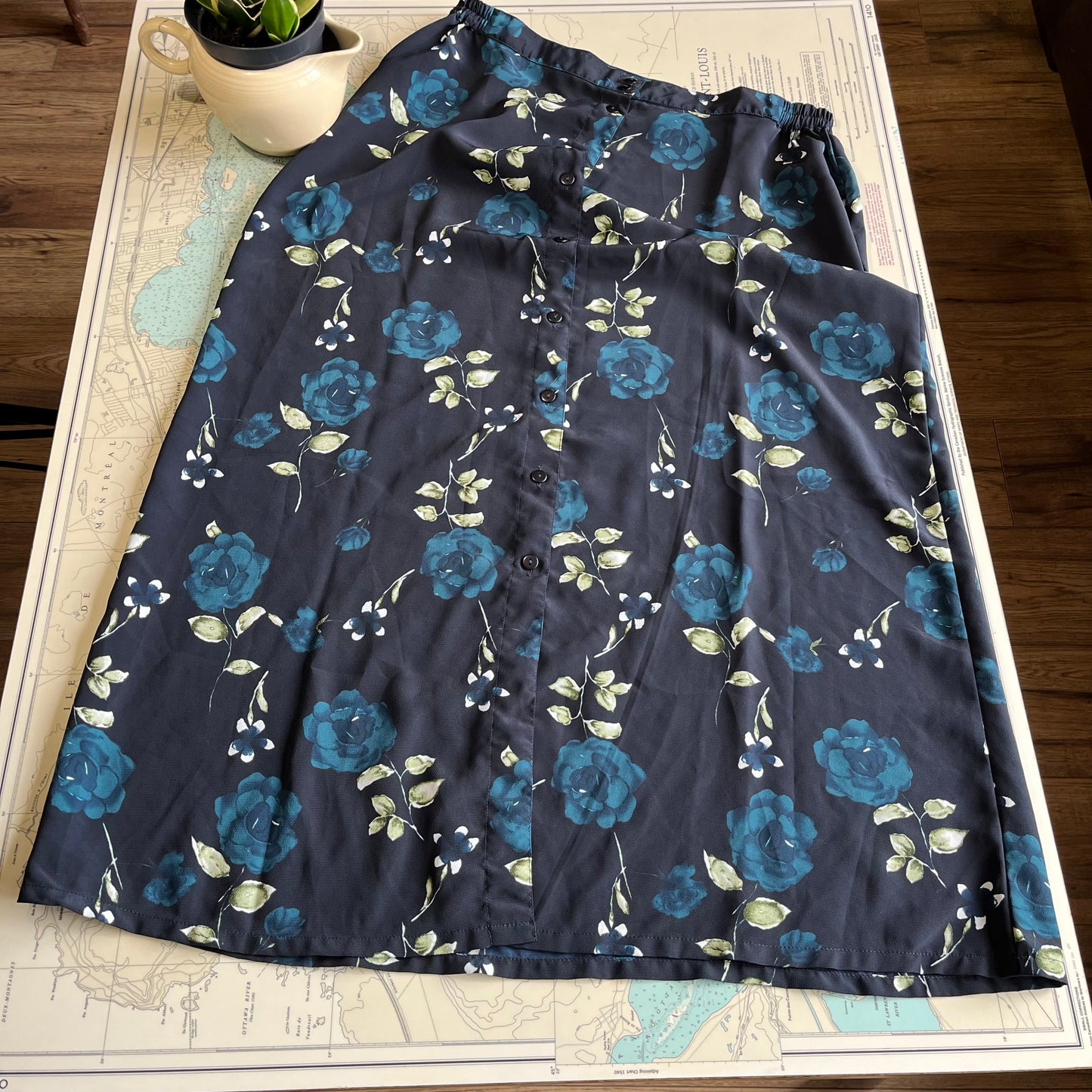 Vintage 90s Dark Floral Navy and Teal Button Front Skirt