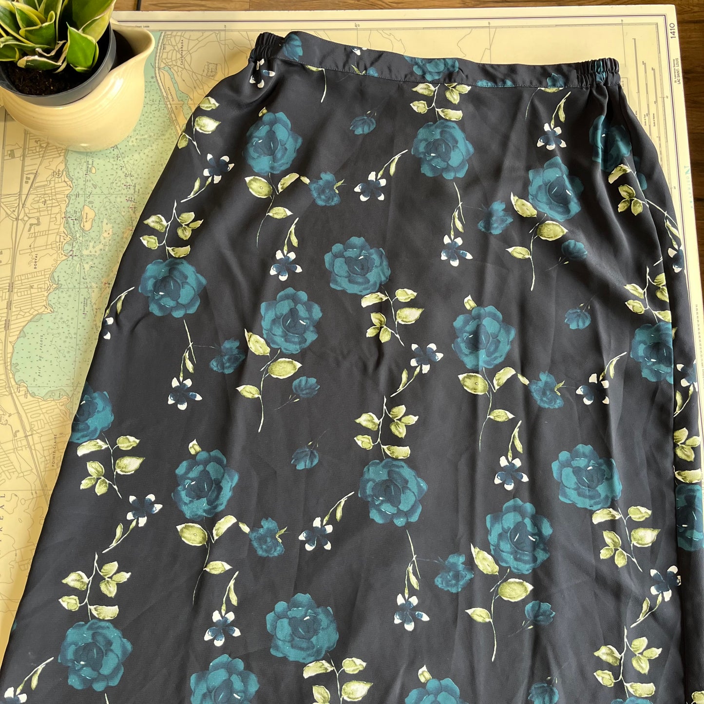 Vintage 90s Dark Floral Navy and Teal Button Front Skirt