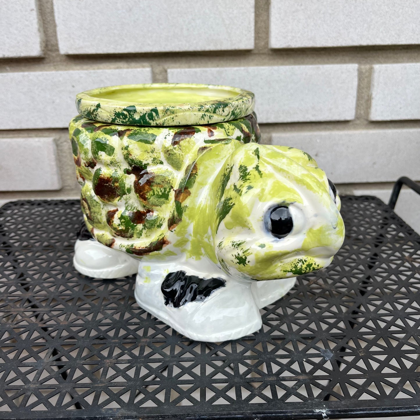 Vintage 70s Hand Painted Ceramic Turtle Planter