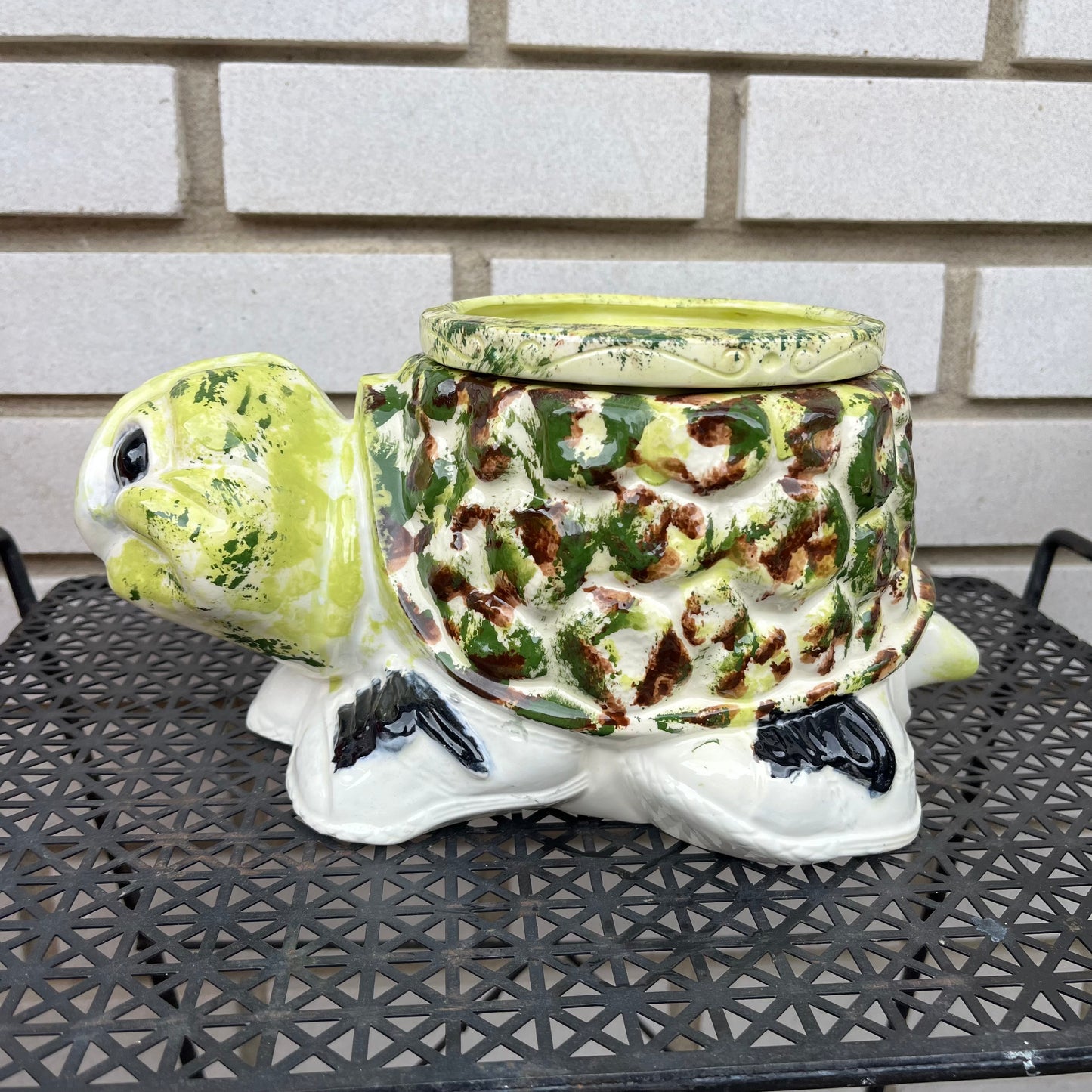 Vintage 70s Hand Painted Ceramic Turtle Planter