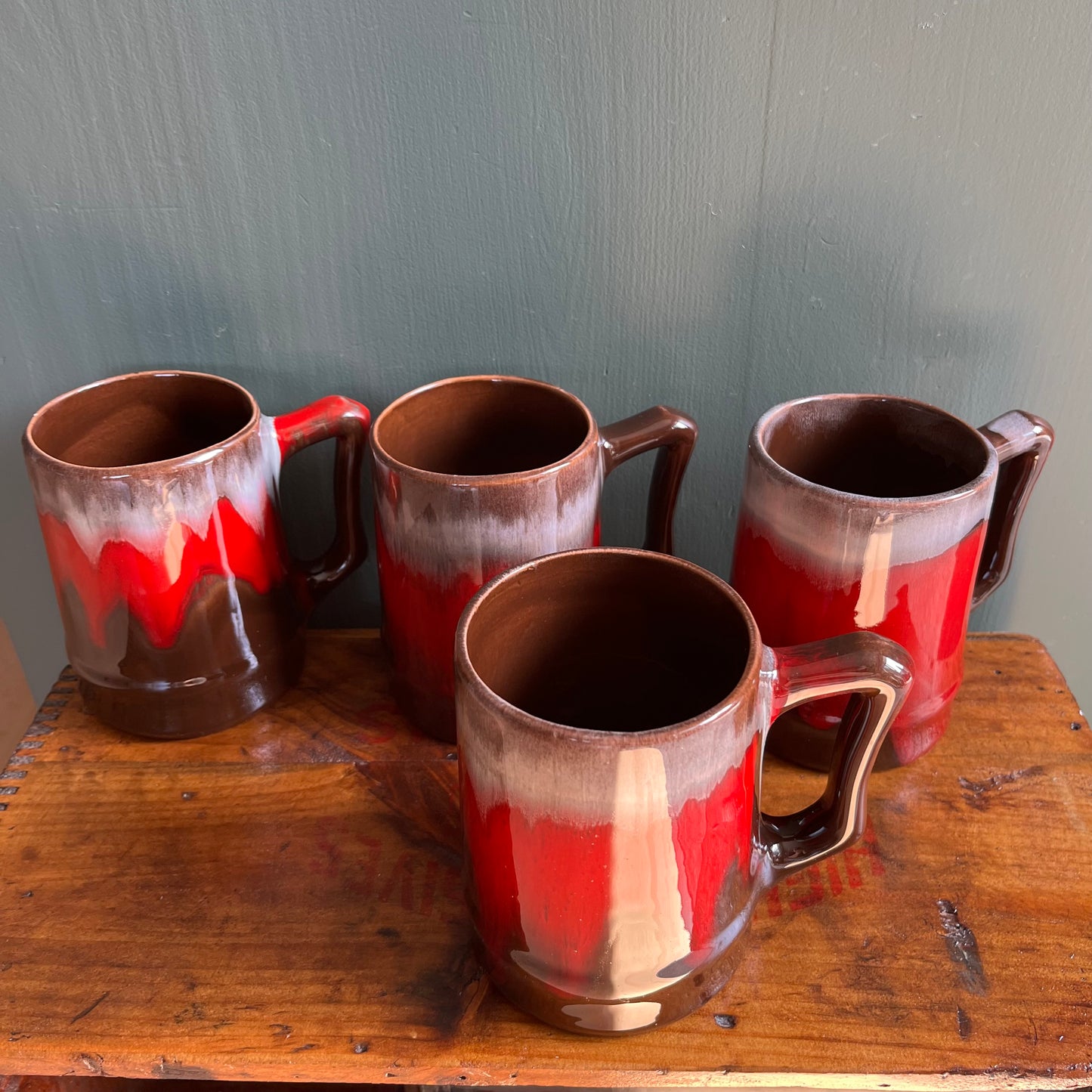 Vintage 70s Red Drip Glaze Mugs Set of Four