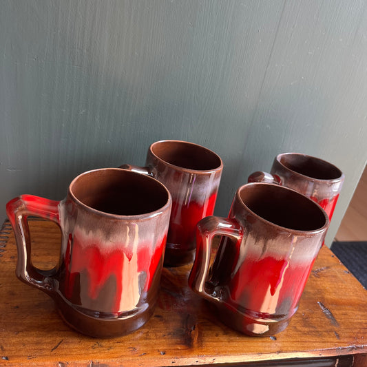Vintage 70s Red Drip Glaze Mugs Set of Four
