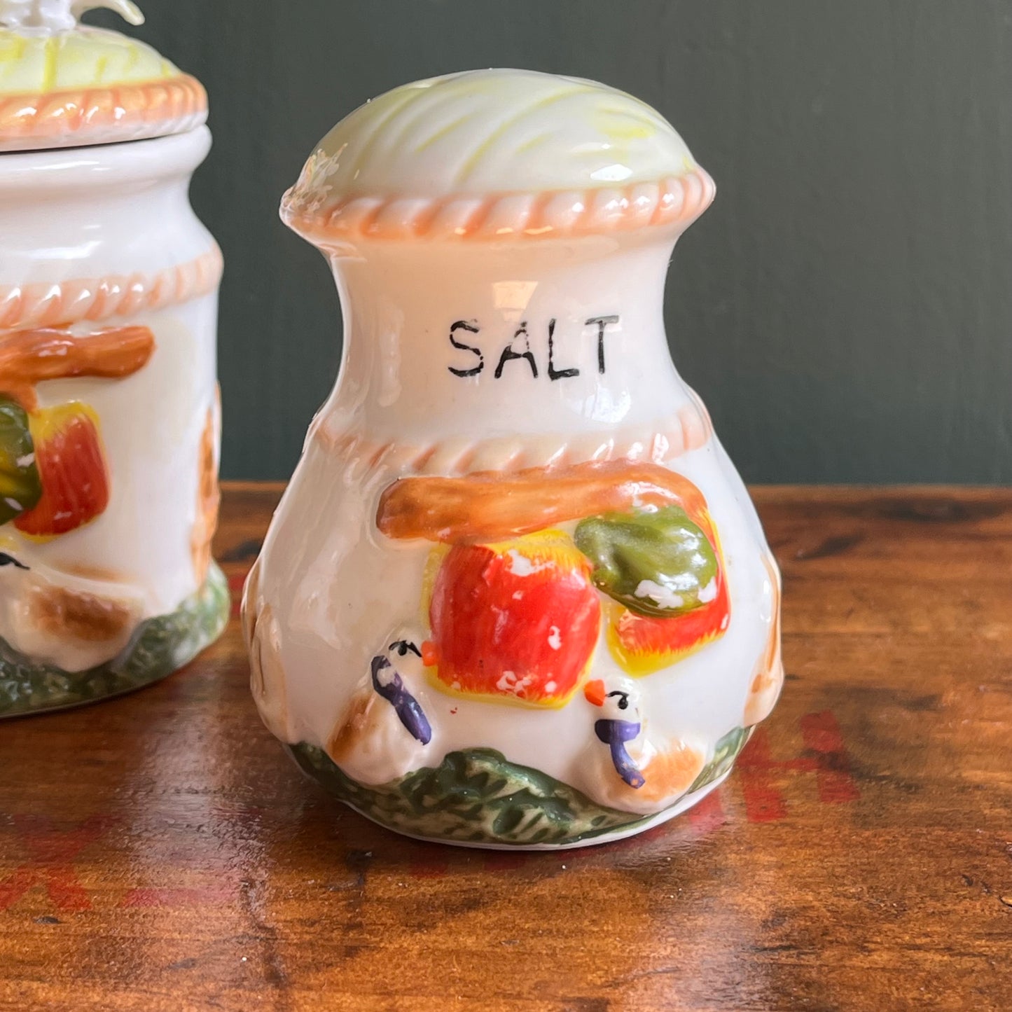 Vintage Bilingual Salt & Pepper Shakers with Sugar Dish
