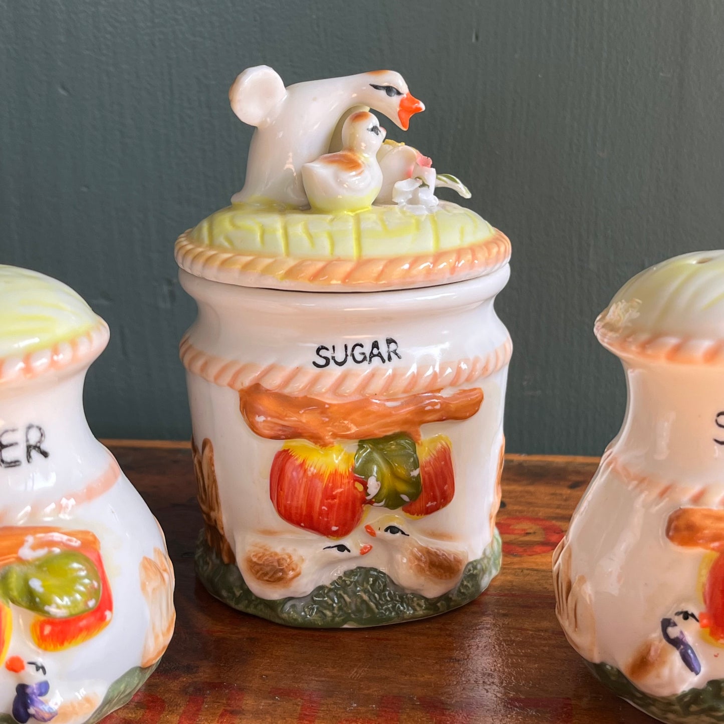 Vintage Bilingual Salt & Pepper Shakers with Sugar Dish