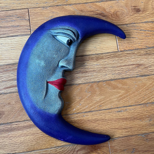 Vintage 90s Ceramic Purple Moon Face Decor