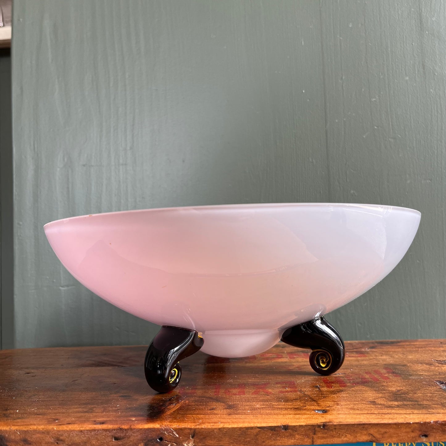 Vintage Pink and White Two Tone Footed Glass Bowl